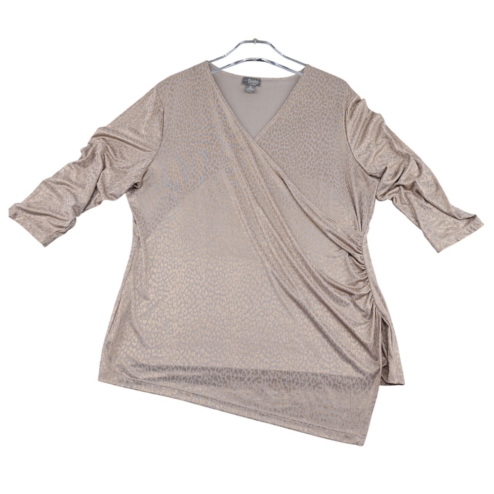 Chicos Travelers Rose Gold Metallic Leopard Faux Wrap Asymmetrical Top Size 3 XL
